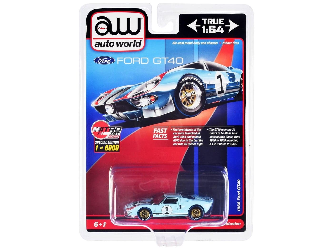 1966 Ford GT40#1 Blue Limited Edition to 6000 Pieces Worldwide 1/64 Diecast Model Car by Auto World CP7921