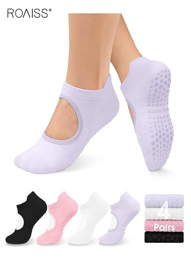 Women's 4 Pack Yoga Socks Non Slip Grip Socks, Pilates Socks with Grips for Women, Strap Ideal for Pilates Pure Barre Ballet Dance Barefoot Workout