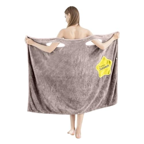 HOUSSE Wearable Spa Bath Towel for Women | Soft, Cozy Wrap with Snap Closure |Women’s Day Gift | 110 x 140 cm (Beige_Yellow Star)