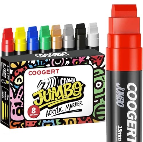 Coogert 8 Vibrant Colors Jumbo Poster Markers 15MM Thick Permanent Acrylic Graffiti Markers Wide Tip Paint Marker for Canvas Posters Board Fabric Window Wood TeachersBanner painting supplies