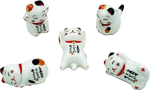 TRUEGOOD Cute Cat Chopsticks Rest Dinner Spoon Stand Knife Fork Holder Valentines Day present 5pcs White