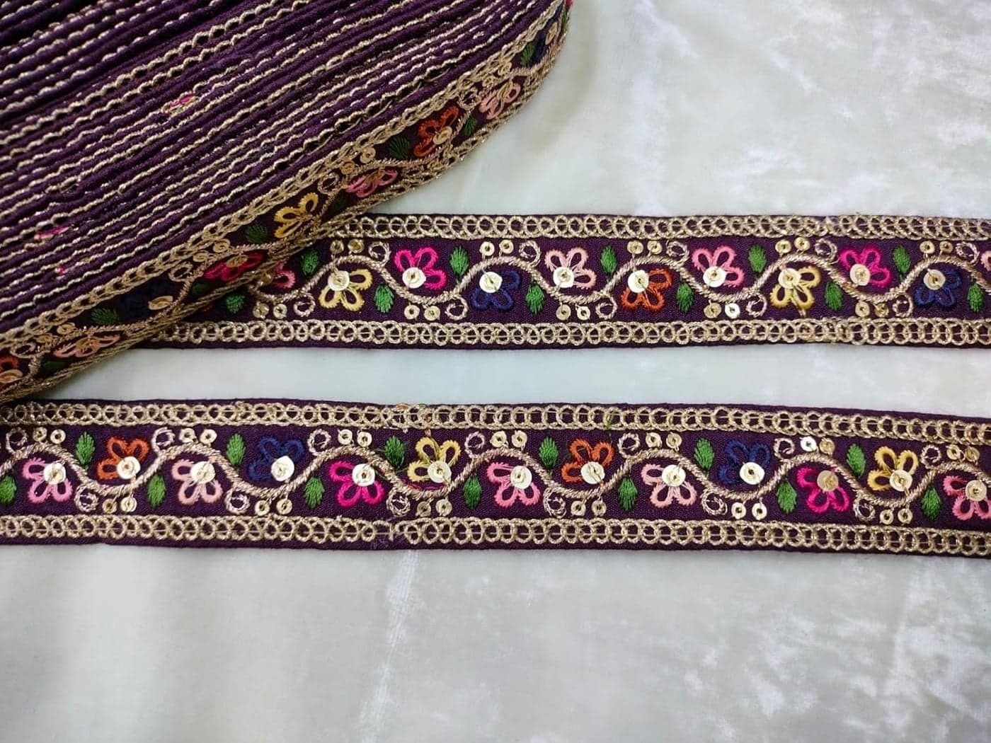 CMHOWLITE Multicolor Embroidery Work Fancy Lace for Lehanga Suit Dresses Sarees Blouses Dupatta and Art Craft Roll of 9 Meter Width 1 inch 254 cm Purple