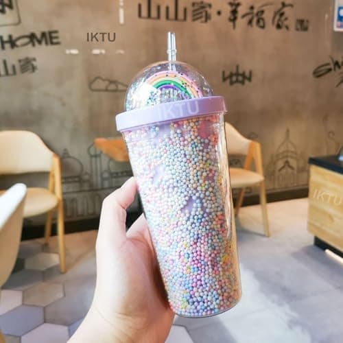 IKTU 550ml Sipper Double Wall Rainbow Water Bottle For Girls Shiny Glitter Tumbler | For Girls & Boys, School & Coaching | Gift For Kids, Plastic (Pack of 1) (Purple)
