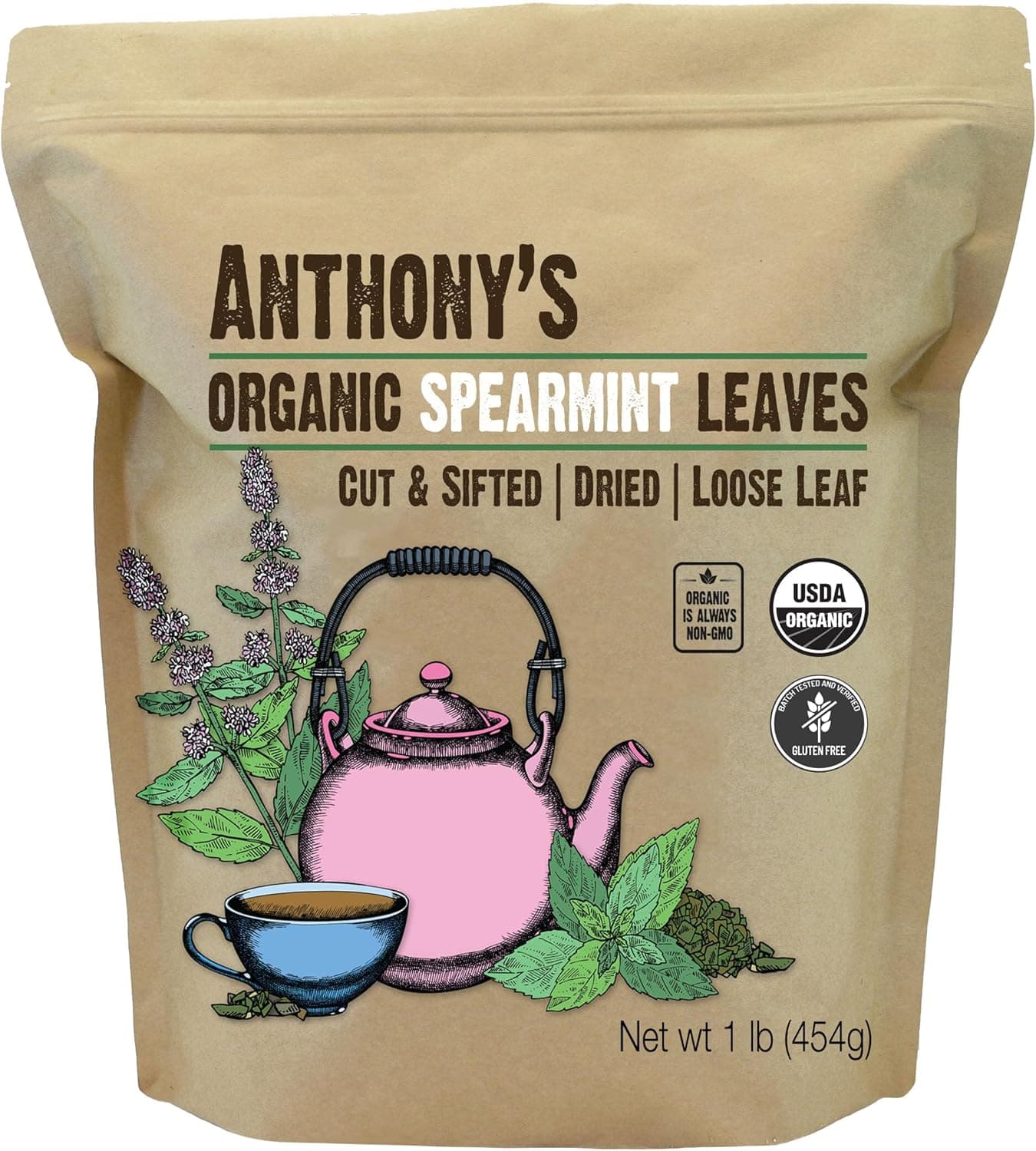 Anthony's Organic Dried Spearmint Leaves, 1 lb - Gluten Free, Non-GMO, Cut and Sifted
