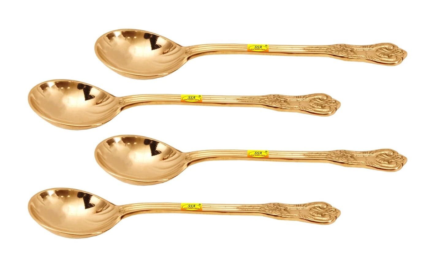 Shiv Shakti Arts® Pure Brass Designer Serving Spoon Big - 9" Inch | Donga Spoon | Ladle - for Dinnerware Serving & Cooking Purpose - 4 Pieces Set