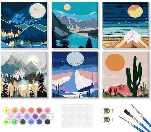 Bowetile 6 Pack Paint by Numbers for Adults Beginners Framed Landscape Adults PaintbyNumber Kits Easy Adult Paint by Number Kits on Canvas Acrylic Number Painting for Home Decor 8x8in