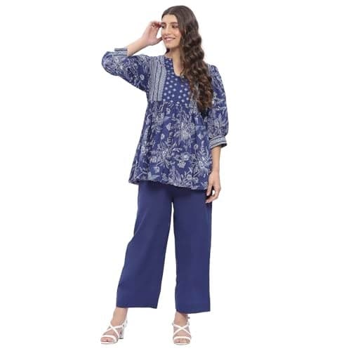 BIBA Women's Indigo Cotton Gathered Printed Co-ord Set_42