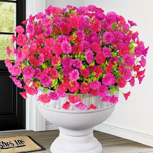 Artificial Flowers for Outdoors, 14 Bundles Fake Outdoor Flowers, UV Resistant Artificial Outdoor Plants & Flowers for Decoration, Colorful Morning Glory for Garden Porch Yard Patio, Fuchsia & Red