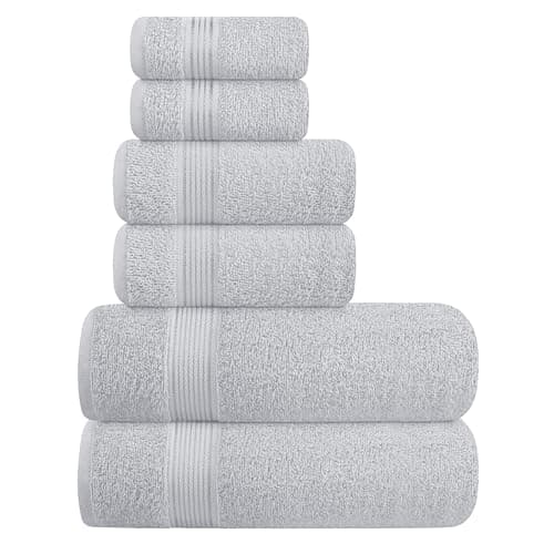 Elvana Home Ultra Soft 6 Pack Cotton Towel Set, Contains 2 Bath Towels 28x55 inch, 2 Hand Towels 16x24 inch & 2 Wash Coths 12x12 inch, Ideal for Everyday use, Compact & Lightweight - Light Grey