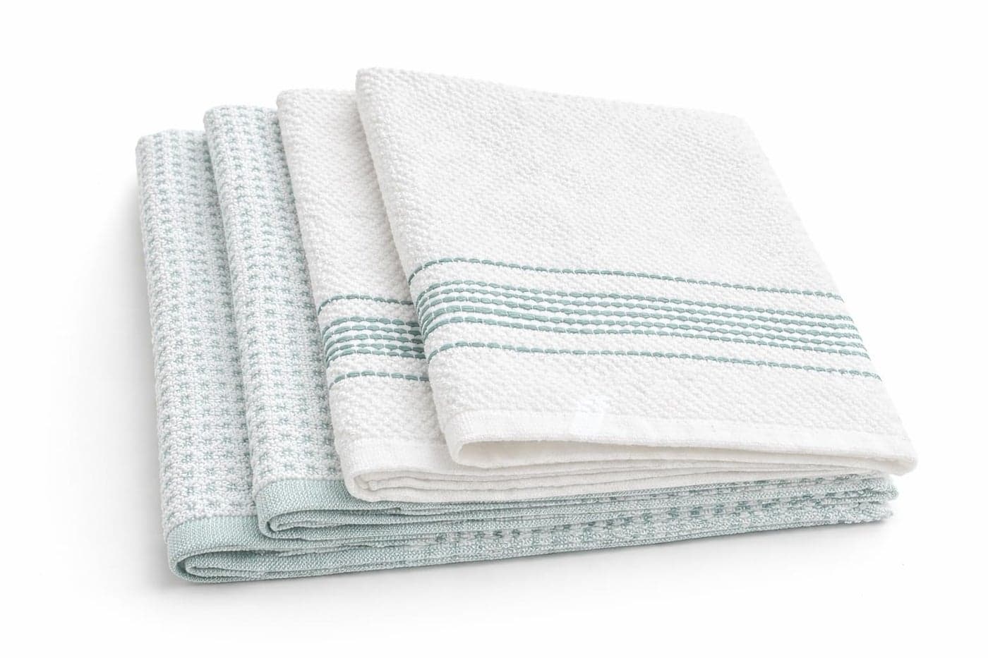 MosJos Kitchen Towels, Cotton Hand Towels White & Turquoise Mini Weaved Stitched Design 4 Pack Absorbent Hand Drying Cloths, 18 x 28 Kitchen Linens