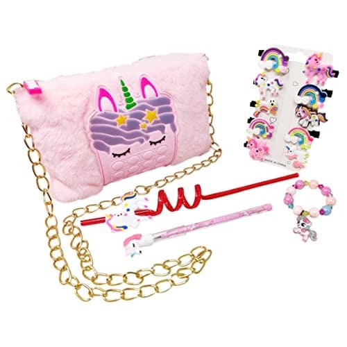 Parteet Combo (Pack of 5 Items) 1 Unicorn Mobile Fur Bag , 1 Unicorn Hair Clip Patta,1 Unicorn Pencil, 1 Unicorn Pearl Bracelet and 1 Spiral Straw for Kids