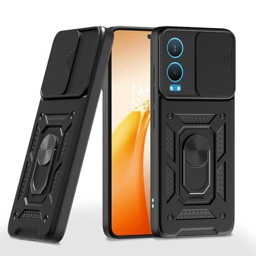 Pikkme Back Cover for OnePlus Nord Ce 4 Lite 5G | D10 Tough Armor | 360 Protection Case | Sliding Camera Shield Cover & Ring Holder Stand Bumper Case (Black)