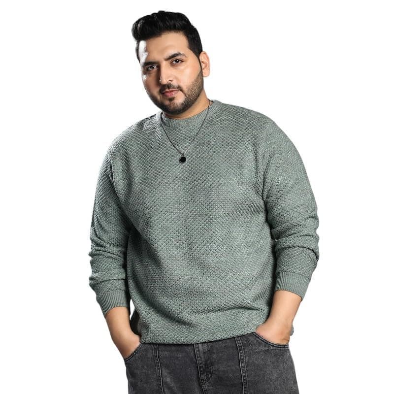 Instafab Plus Men's Olive Green Textured Knit Pullover Sweater for Casual Wear | Crew Neck | Long Cuffed Sleeves | Pull On Closure | Plus-Size Sweater Crafted with Comfort Fit for Everyday Wear