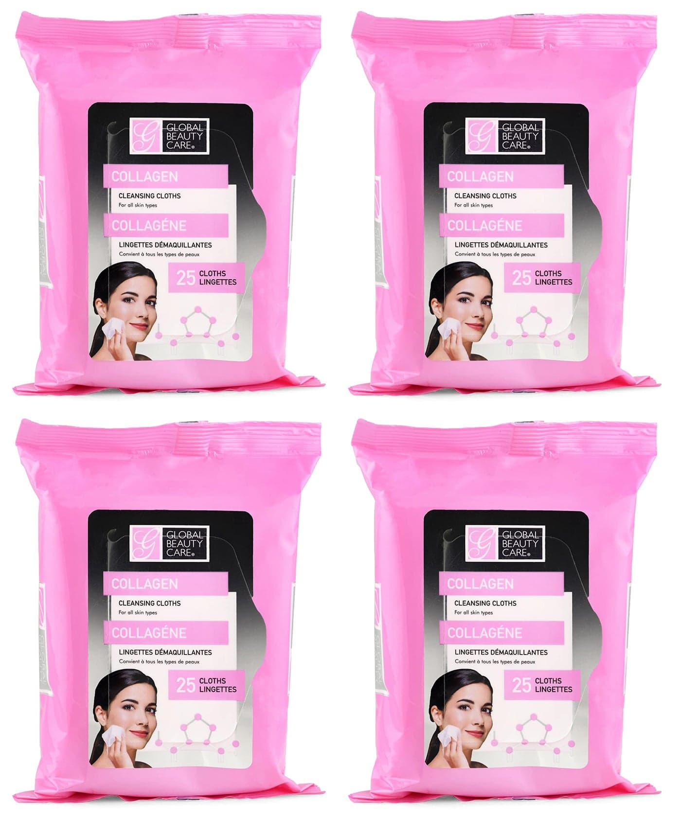 Global Beauty Care Collagen Cleansing Facial Towelettes, Makeup Remover, Nourishing Face & Eye, Hypoallergenic, Paraben-Free, Non-Comedogenic, Hydrates & Smooths Skin, 25 Wipes, 100 Count 4 Pack