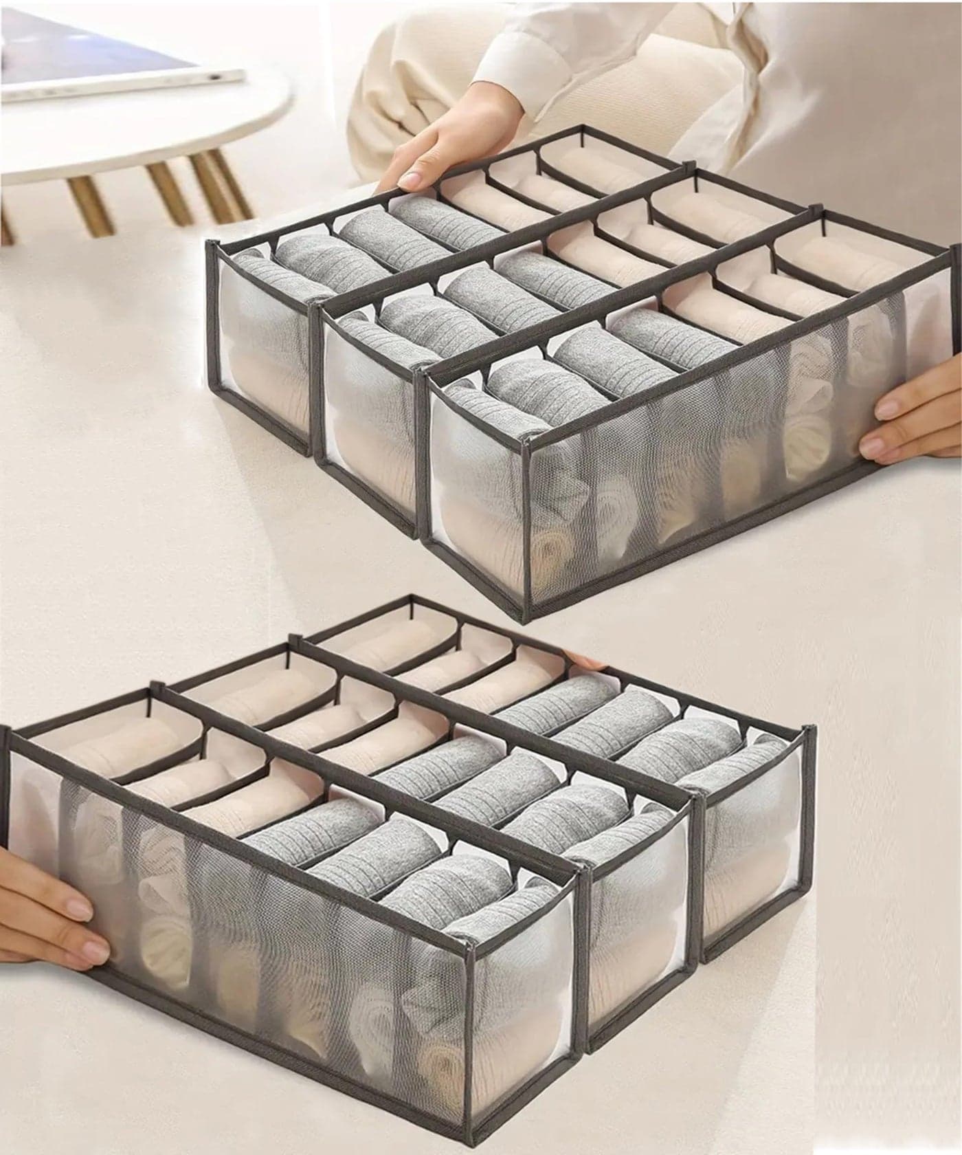 atorakushon Mesh 6 Pack Closet Socks Organizer Drawer Divider, 7 Cell Collapsible Closet Cabinet Organizer Underwear Clothing Storage Boxes For Storing Socks, Lingerie, Underwear - Grey
