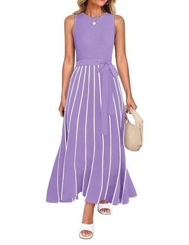 ZESICA Women's Summer Sleeveless Midi Dress 2025 Crewneck Ribbed Knit Tie Waist Casual A Line Swing Dresses,Purple,Small