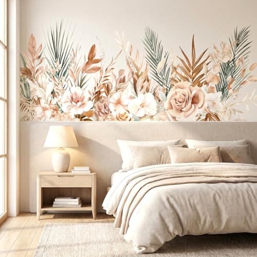 VePret Boho Floral Flowers Wall Decals Peel and Stick, Palm Leaves Plants Vinyl Wall Decor, Removable Room Home House Wall Stickers & Murals for Bedroom Living Room Bathroom Office