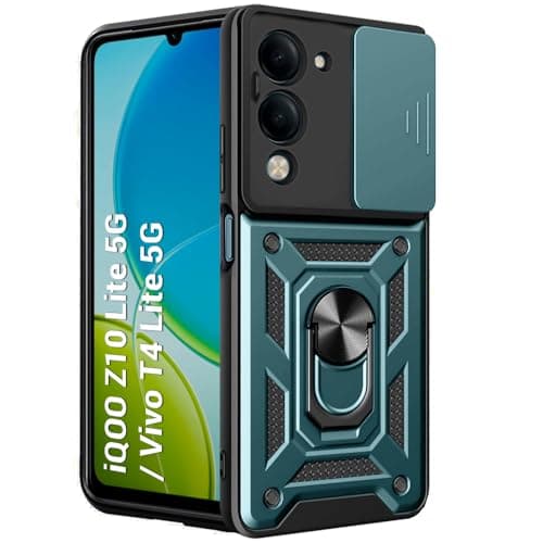 TheGiftKart Tough Armor Bumper Back Cover Case for iQOO Z10 Lite 5G / Vivo T4 Lite 5G | Sliding Camera Cover, Kickstand & Ring Holder | 360 Degree Protection Back Cover Case (PC & TPU, Green)