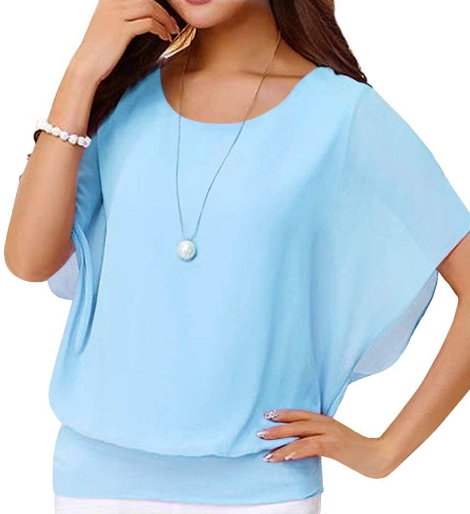 Neineiwu Ladies Loose Chiffon Top Round Neck Batwing Short Sleeve Casual T-Shirt (Light Blue,XX-Large)