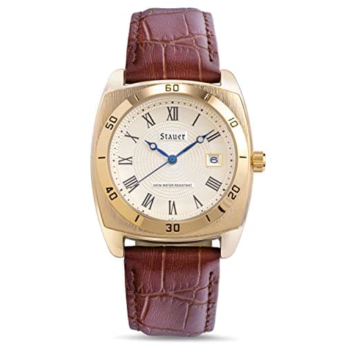 Stauer Timemaster Piezo Watch for Men – 36mm Gold-Finished Alloy Watch Case with Genuine Brown Leather Band and Cotswold Crystal