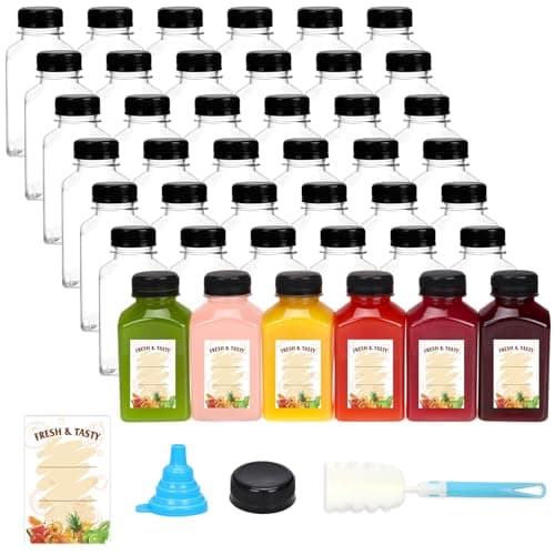 BAKHUK 36pcs 10oz Empty Plastic Juice Bottles with Caps, Reusable Clear Bulk Beverage Containers for Juice, Milk and Other Beverages