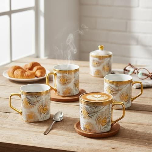 Femora Premium Golden Peacock Feather Pattern Design Ceramic Coffee & Tea Cup Set of 4, 180 ML