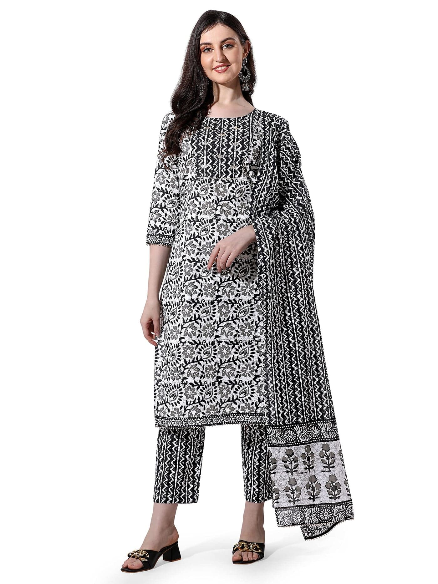 MIRCHI FASHION Pure Cotton Women Straight Jaipuri Batik Print & Hand Embroidery Kurti Set with Dupatta and Pant (K9296 - White, Black - 3XL)