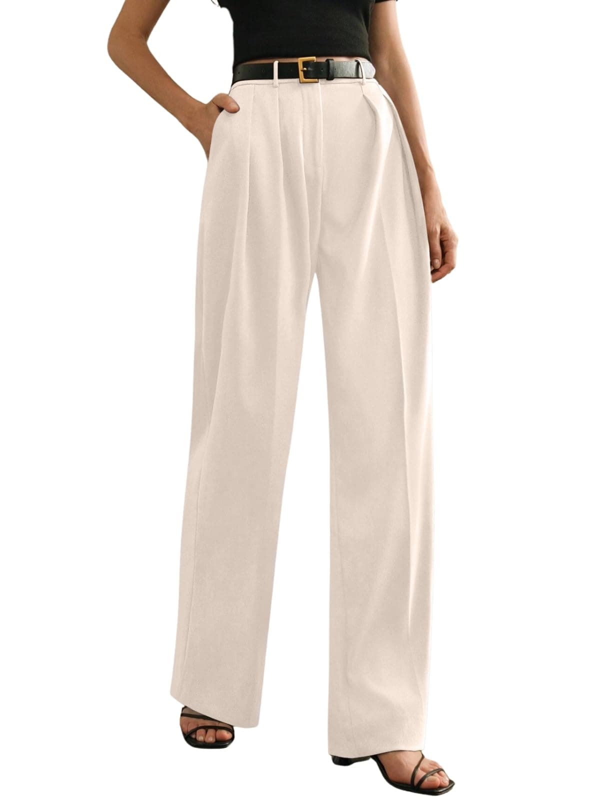 GRECIILOOKS High Waist Cotton Trousers for Women – Flared Parachute Pants with Side Pockets | Casual Travel Cargo Pants Cream