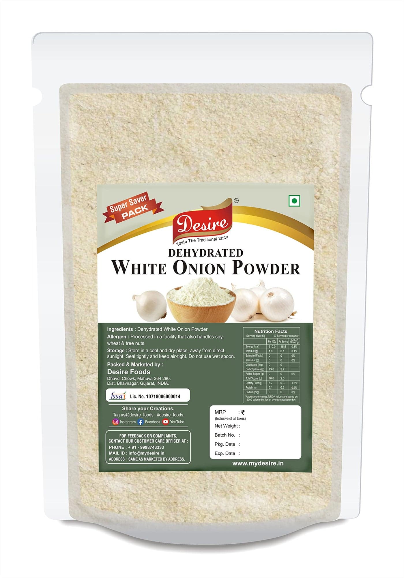Desire White Onion Powder, 1kg | Pure, All-Natural Dehydrated Onion Powder | Perfect for Enhancing Flavors in Dishes | Free from Additives and Preservatives