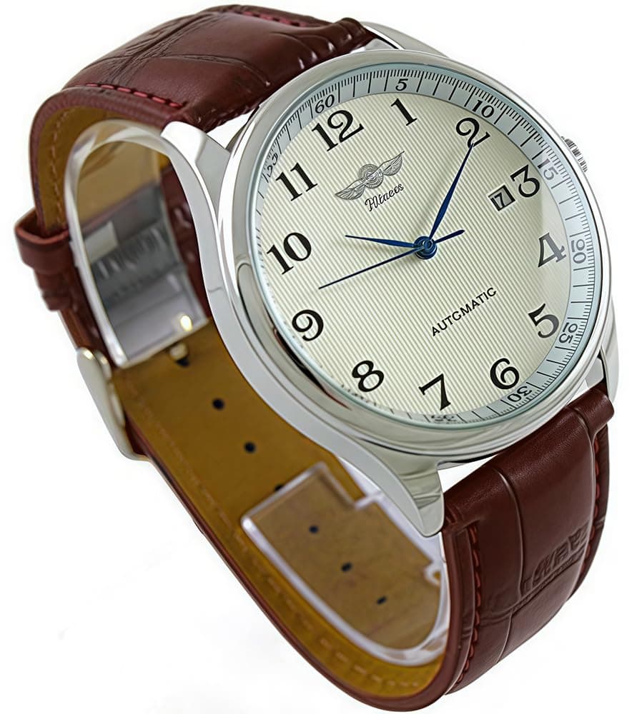 MASTOPMen's Automatic Mechanical Watch Business Casual Top Brand Leather Wristwatches Waterproof Sport Chronograph (Brown White)