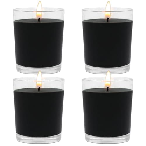 Set of 4 Black Votive Candles for Halloween Pumpkin, Clear Glass Filled Unscented Soy Wax Candle for Dinner, Parties, Home Decorations and DIY
