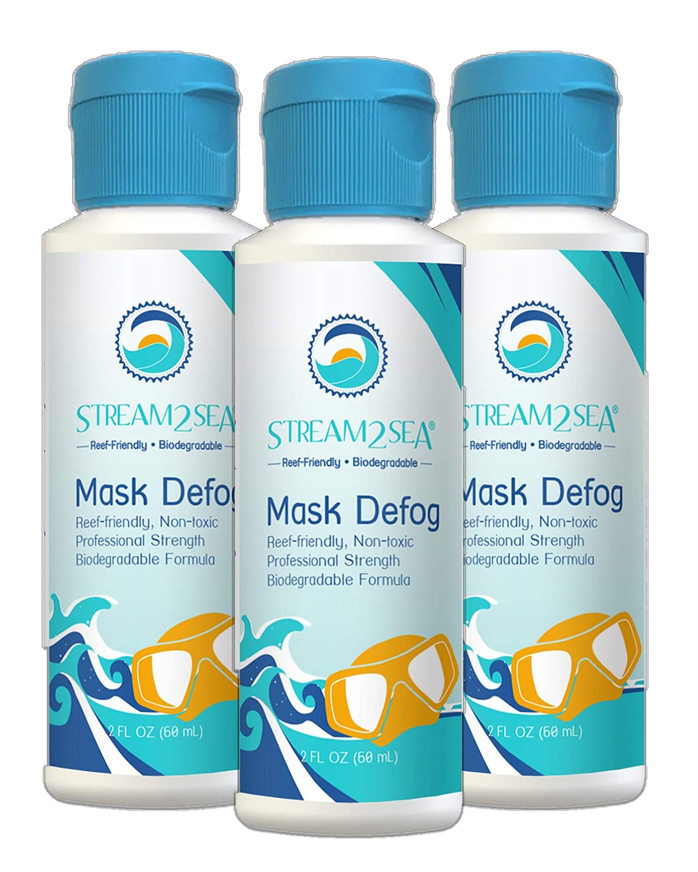 Stream2Sea Mask Defog Biodegradable Defogger Coating, Reef Friendly Anti Fog Mask For Glasses, Snorkel Mask, Scuba Divers, Ski Goggles and Sports Glasses Equipment, Paraben Free, 2 Fl Oz Pack of 3