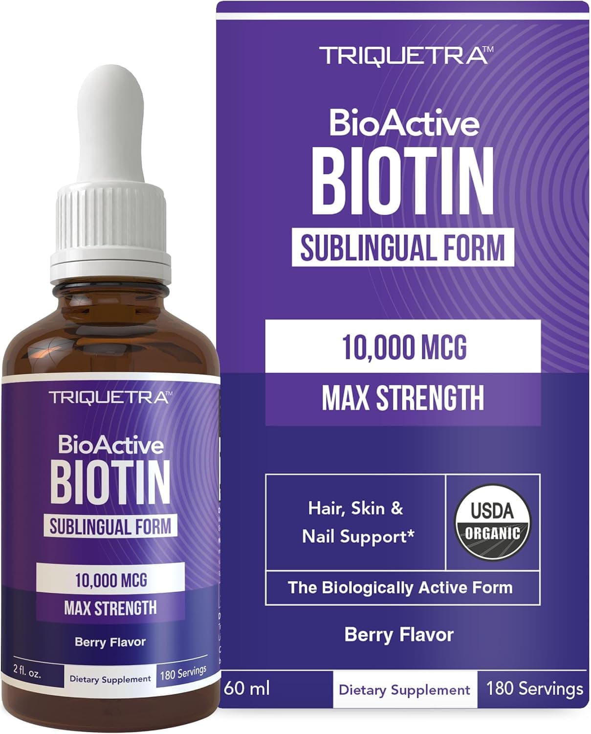 Biotin Hair Support for Women Organic 10000mcg USP Grade Premium Liquid Supplement for High Absorption Supports Healthy Hair Skin Nails Berry Flavor 180 Servings 2 oz