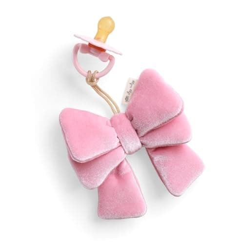 Itzy Ritzy Pacifier & Lovey Set – Natural Rubber Paci with Stuffed Animal Lovey – Detachable Velour Bow Pacifier Holder & Coordinating Natural Rubber Soother, Ideal for Ages 0-6 Months (Bow)