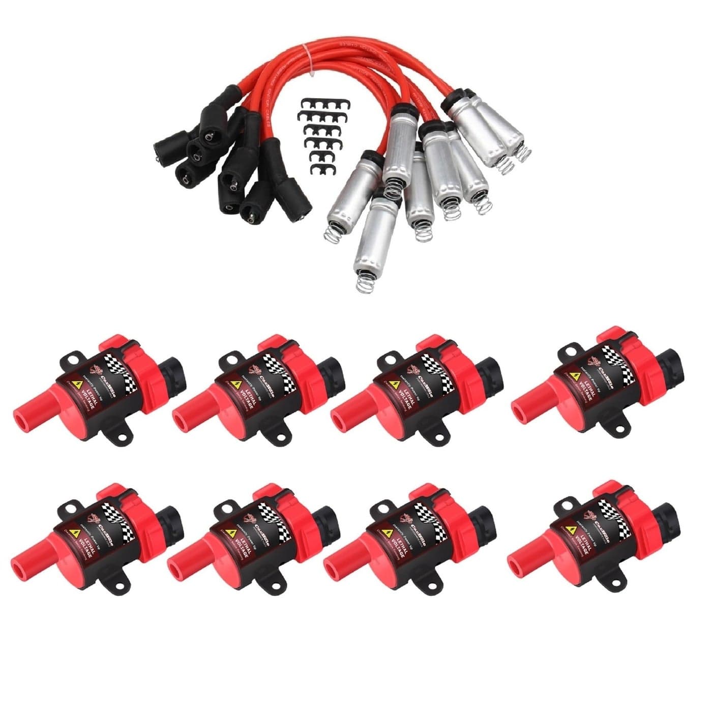 CarBole Round D585 UF262 Ignition Coils and 748UU 8mm Spark Plug Wires Set Fit For Chevy Silverado LS1 LS3 48 53L Chevrolet GMC 48L 53 57 60 Pack of 8pcs Round Coils