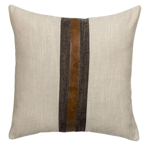 BOYSUM Farmhouse Decorative Outdoor Throw Pillow Covers for Couch Sofa Bed Brown Faux Leather Accent Pillow Cover Modern Decor Pillow Case 18 x 18 Inch (Beige)