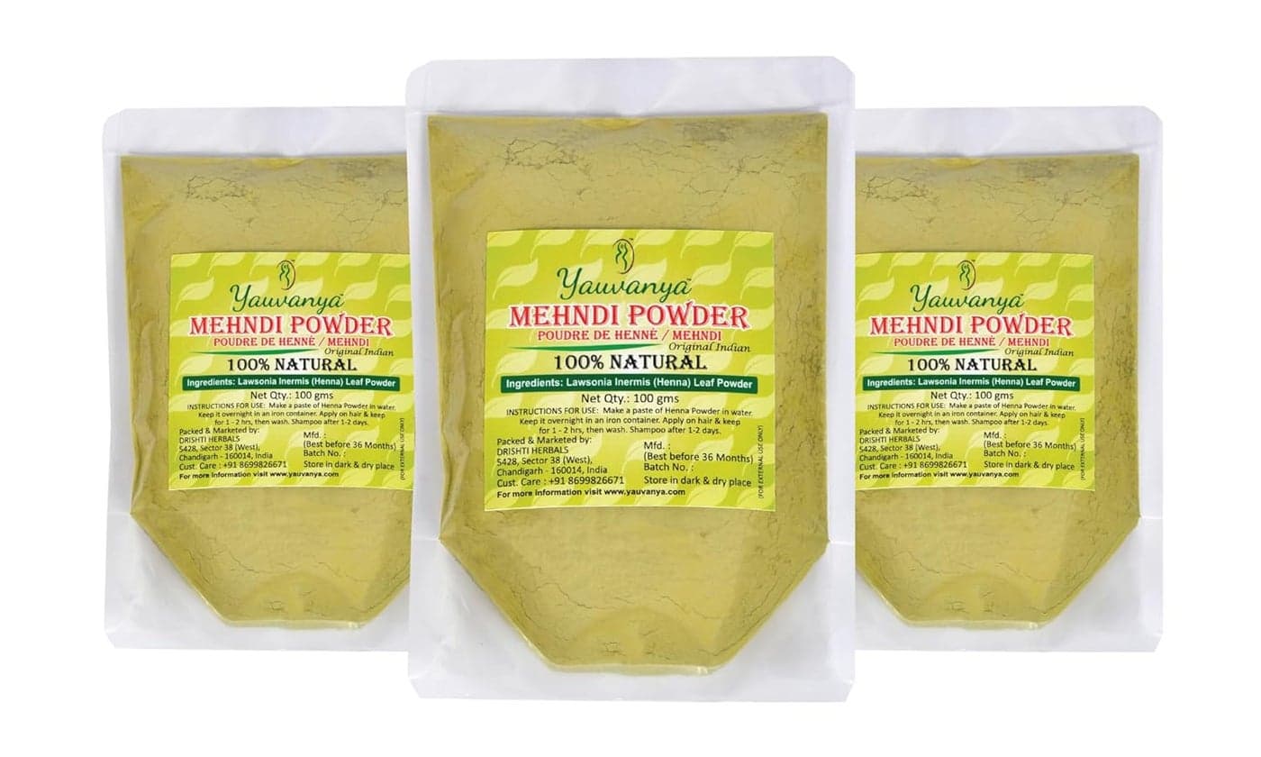 Yauvanya Original Indian Rajasthani Pure and Natural Henna (Mehndi) for Hair | Natural hair color | No chemical - 300 gms (3 Packets of 100 gms each)