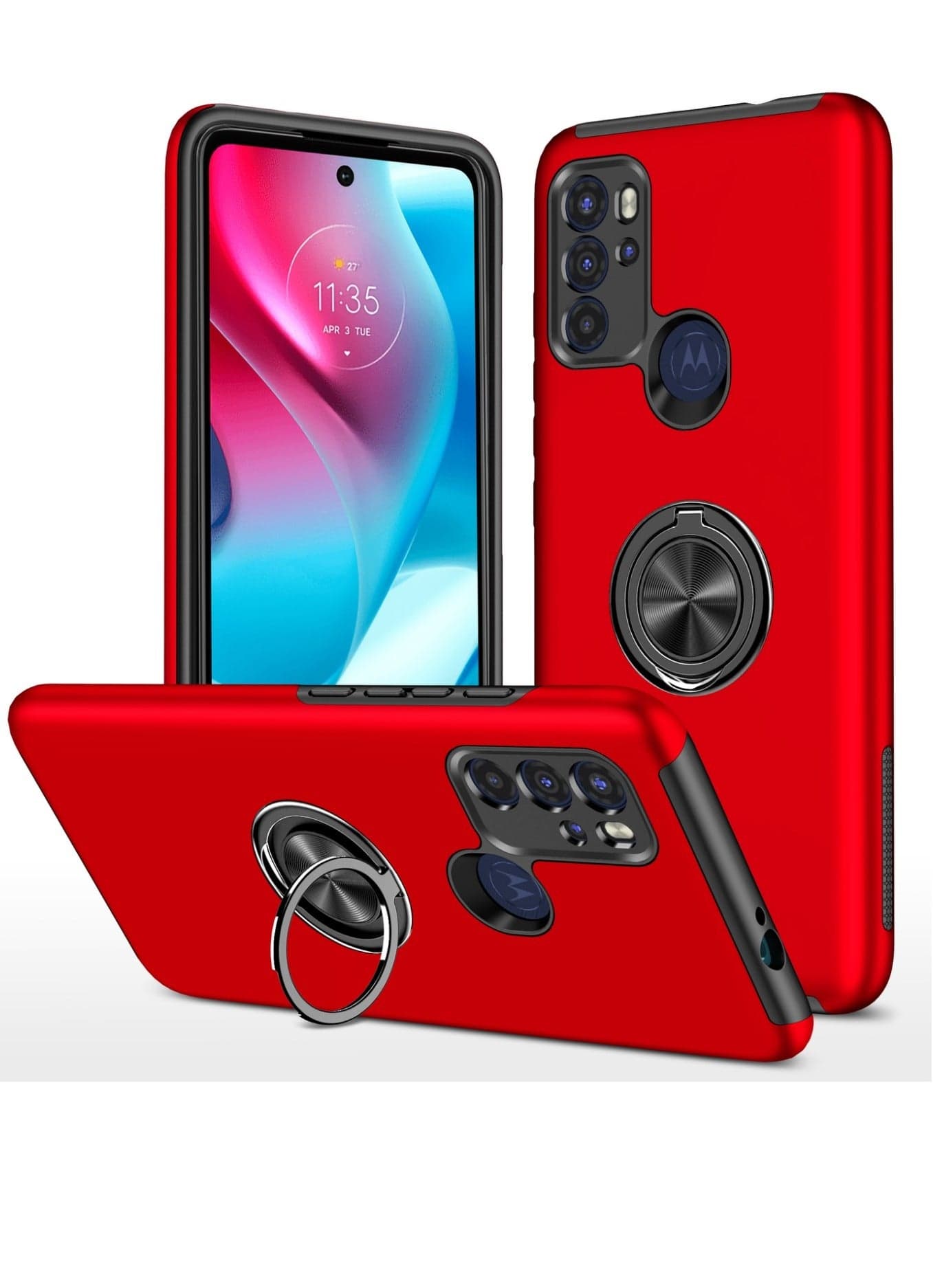 Protective Phone Case with Invisible Ring Holder Kickstand for Motorola Moto G60s Red