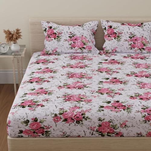 HUESLAND by Ahmedabad Cotton 144 TC Cotton Bedsheet for Double Bed with 2 Pillow Covers - White, Pink, Green