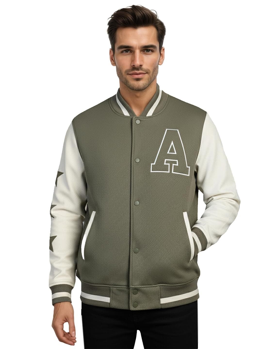 CHKOKKO Men’s Regular Varsity Jacket with Snap Button Closure and Patch Design Trendy Comfortable Outerwear for College Travel and Casual Wear Olive Cream 3XL