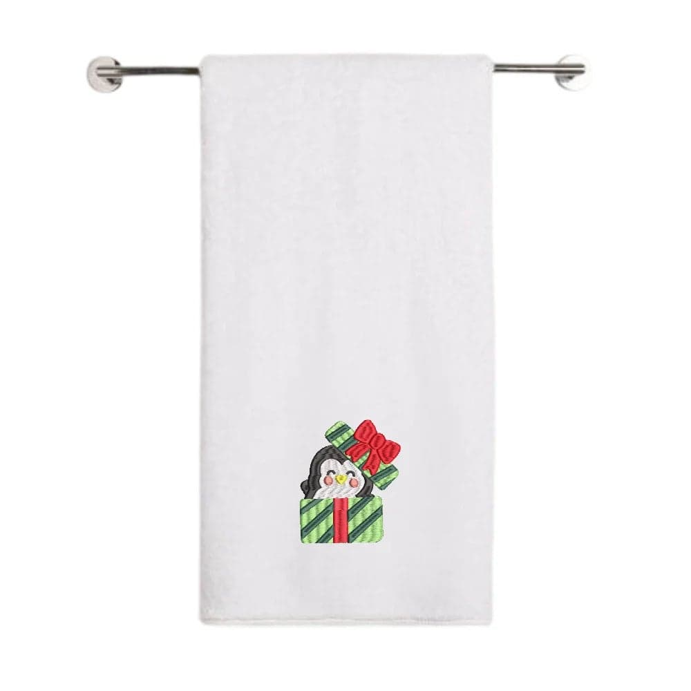 Iris Christmas Embroidered 70 x 140 Cm White Bath Towel - "Penguin Gift Box" Design 100% Cotton - Premium Holiday Collection