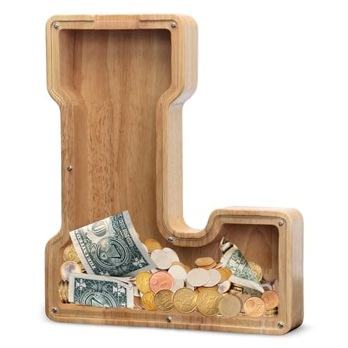AORCMITN Extra Large Wooden Letter Coin Piggy Bank for Boys Girls Kids Toddler Alphabet L Money Bank InitialL12