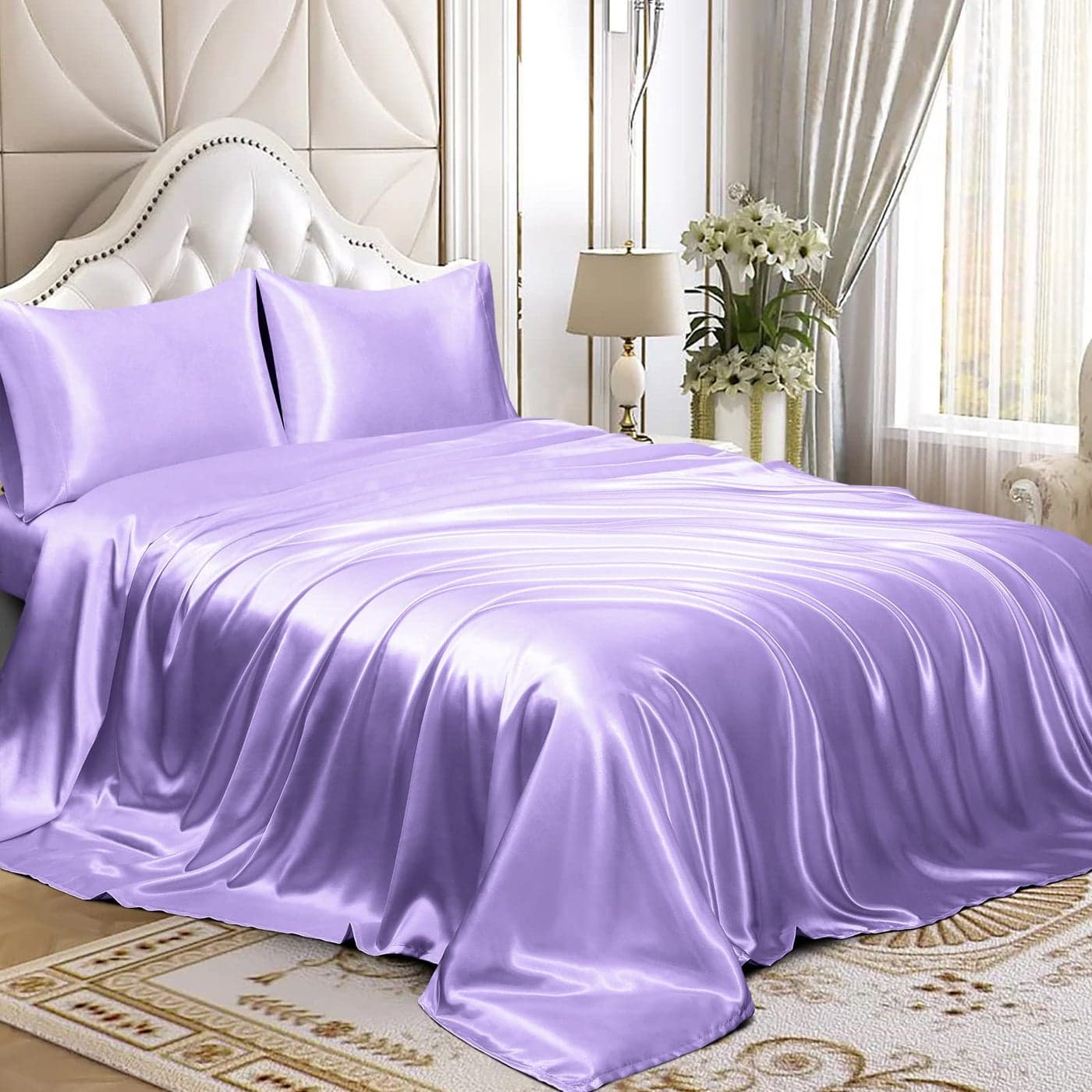 Homiest 3pcs Satin Sheets Set Luxury Silky Satin Bedding Set with Deep Pocket 1 Fitted Sheet 1 Flat Sheet 1 Pillowcase Twin Size Lavender