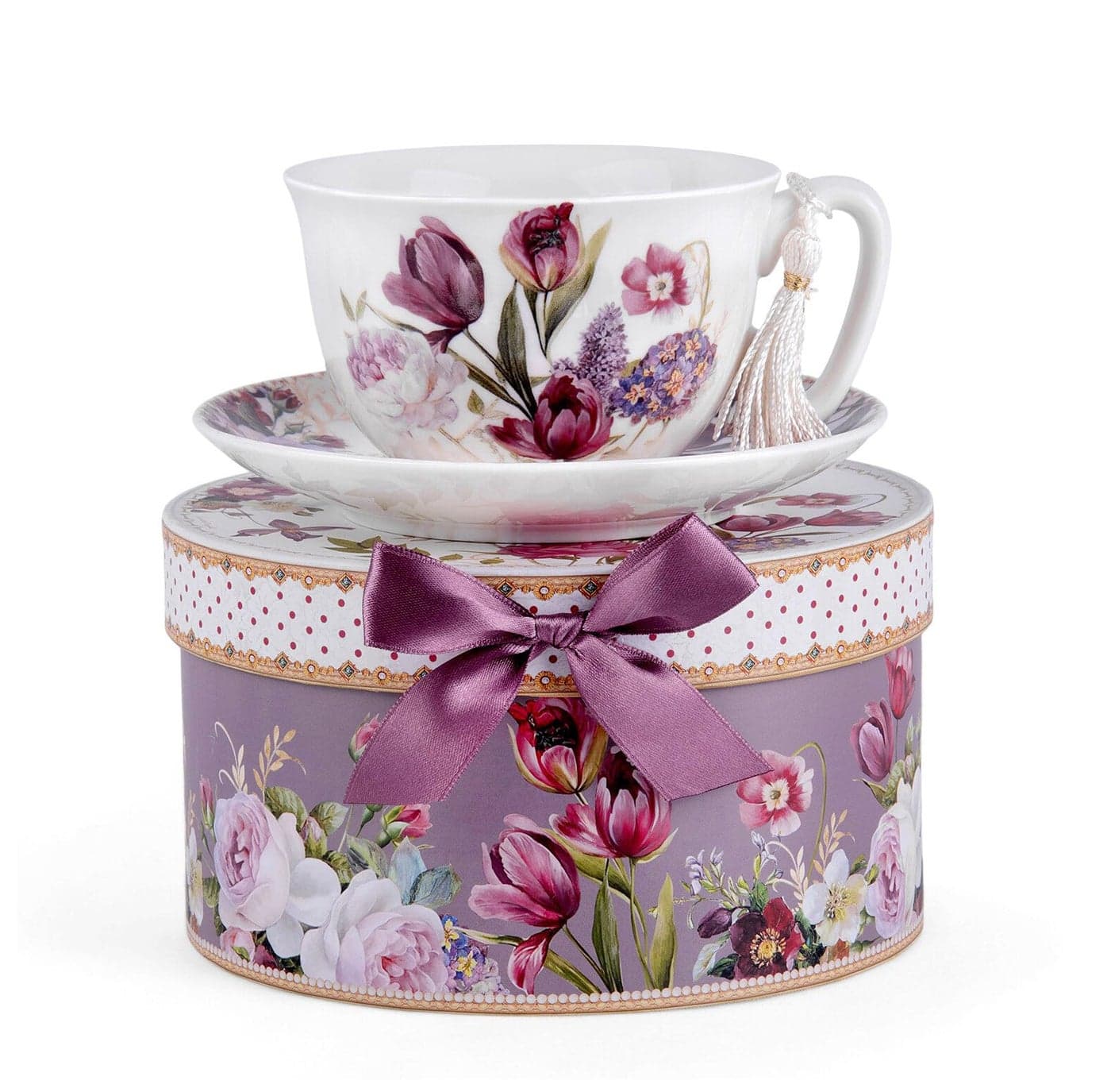 STP GOODS Bone China Tea/Coffee Cup and Saucer in Gift Box Fine Bone China Coffee Cup with Saucer Tea Cup and Saucer Set of One (Flowers 300ml)