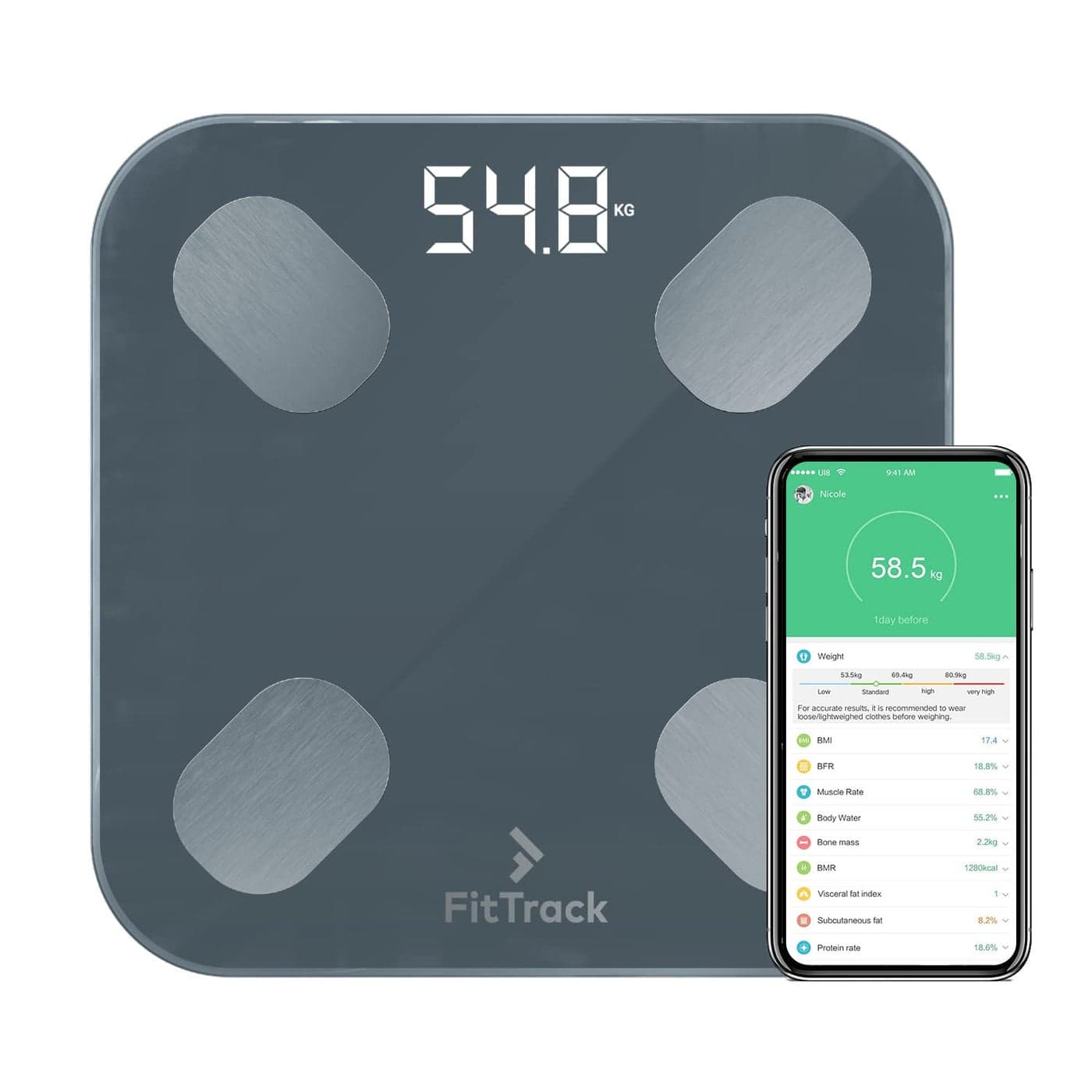 FitTrack Dara Smart BMI Digital Scale Measure Weight and Body Fat Most Accurate Bluetooth Glass Bathroom Scale Black