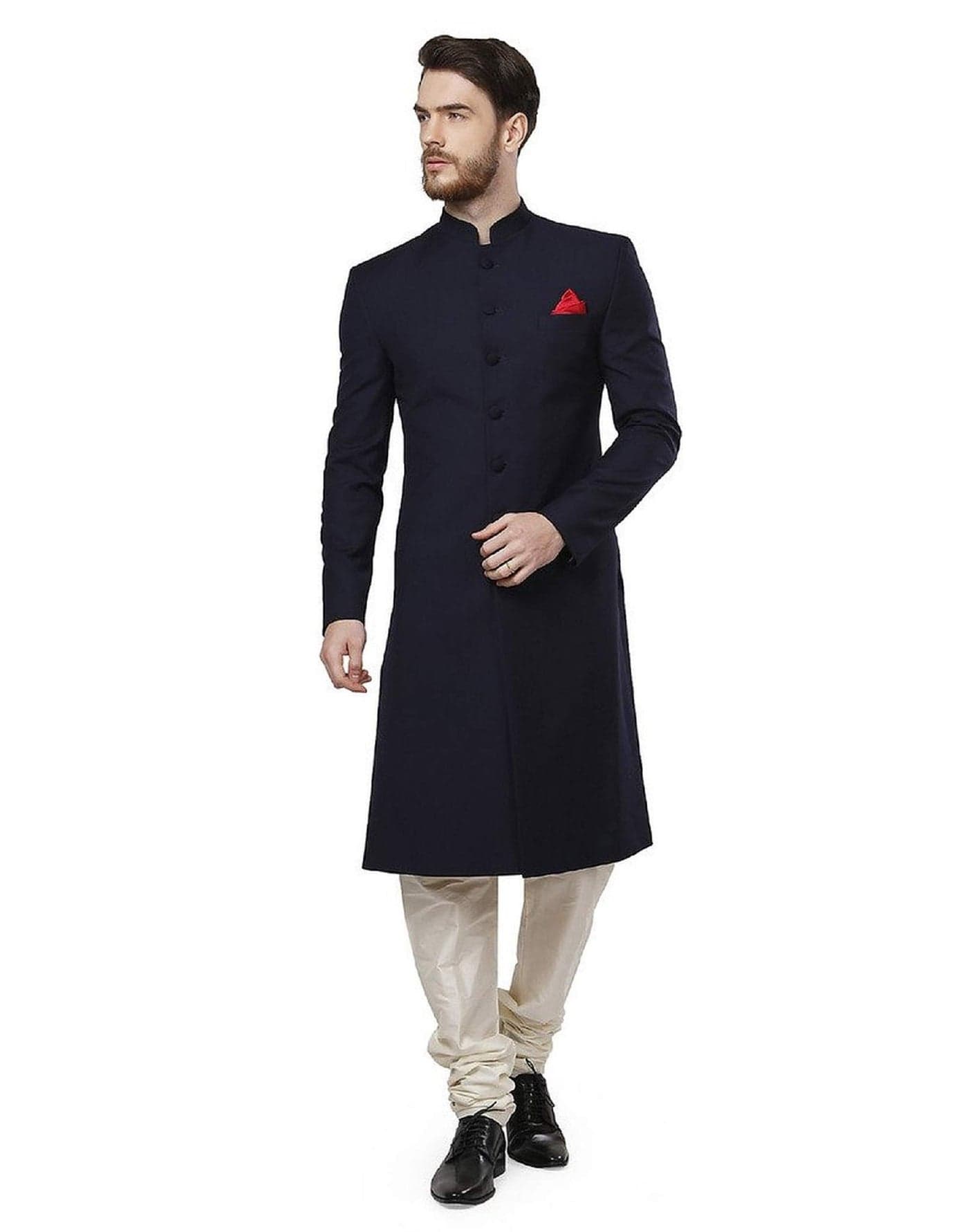 Royal Kurta Mens Polyviscose Bandhgala Kneelong Sherwani (44, Navy)