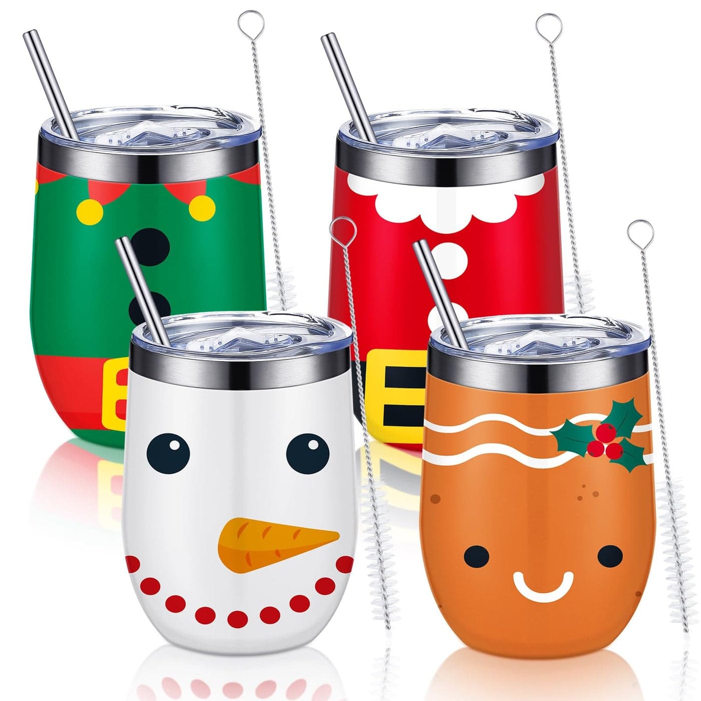Suclain 4 Pcs Christmas Wine Tumbler 12 oz Christmas Stainless Steel Wine Cup with Lid Straw and Brush Merry Santa Snowman Insulated Coffee Mug Holiday Gift for Xmas Party Favor