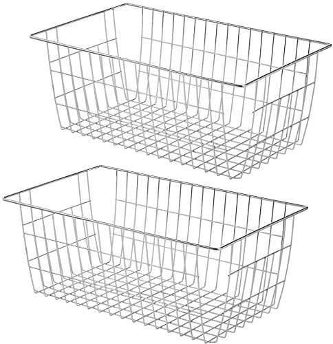 SANNO Freezer Baskets for Storage Pantry Large Metal Wire Food Storage Organizer Bin Basket with Handles for Kitchen Cabinets Pantry Bathroom Laundry Room Closets Garage Chrome2 pack
