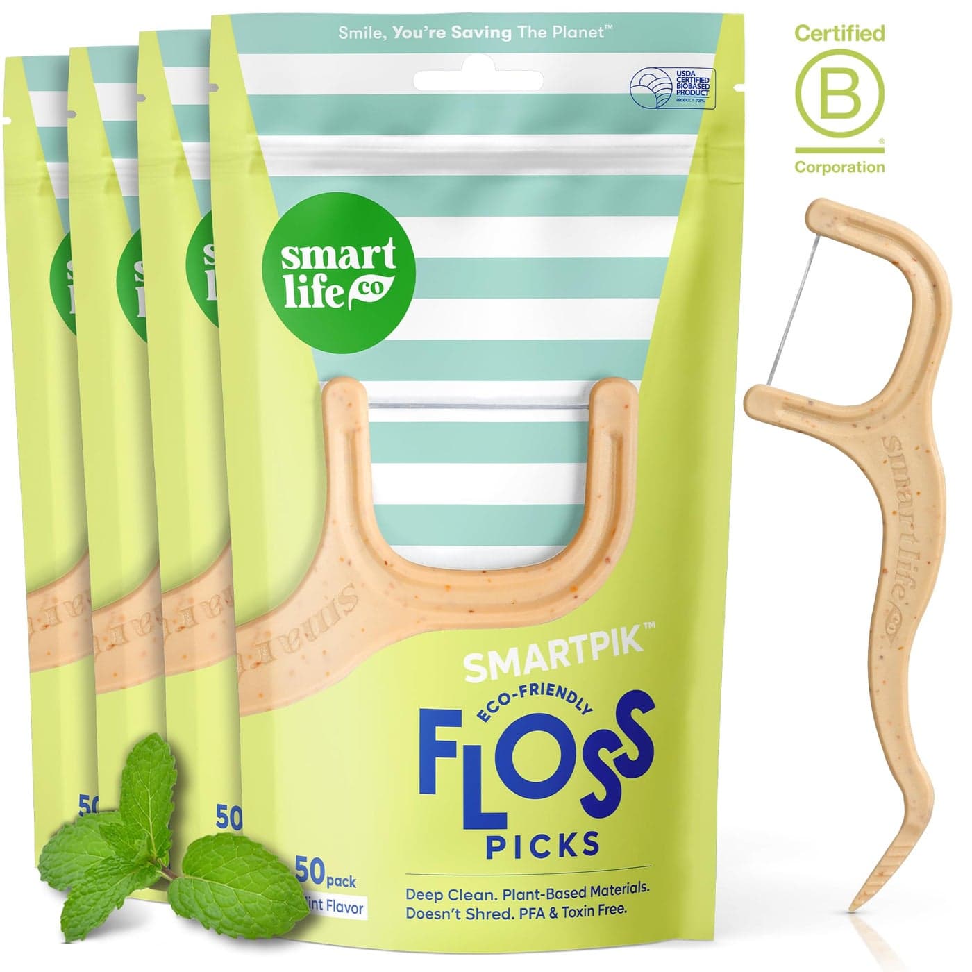 SmartLifeco Biodegradable Dental Floss Picks Thin Thread Tooth Flossers for Adults Kids EcoFriendly Handle Straw Wheat Toothpick Soft on Gum Teeth Compostable Zero Waste Vegan 200 Mint