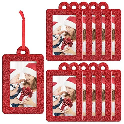 Jetec 20 Pieces Christmas Photo Frames Ornament Mini Felt Hanging Picture Frame Christmas Tree Hanging Ornament for Family Xmas Holiday Party Decoration, Glitter 5 x 7 cm(Red)